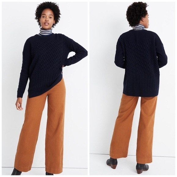 Madewell Patchwork Cable Knit Tunic Sweater Women’s Size M Navy Chunky - Picture 1 of 8